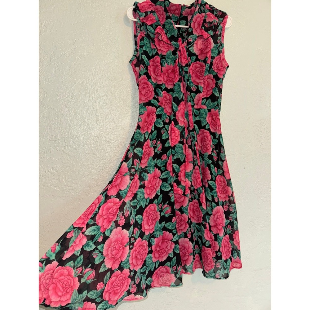 Hell Bunny Black Pink Floral Ruffle Neck Sleeveless Midi Dress Size S